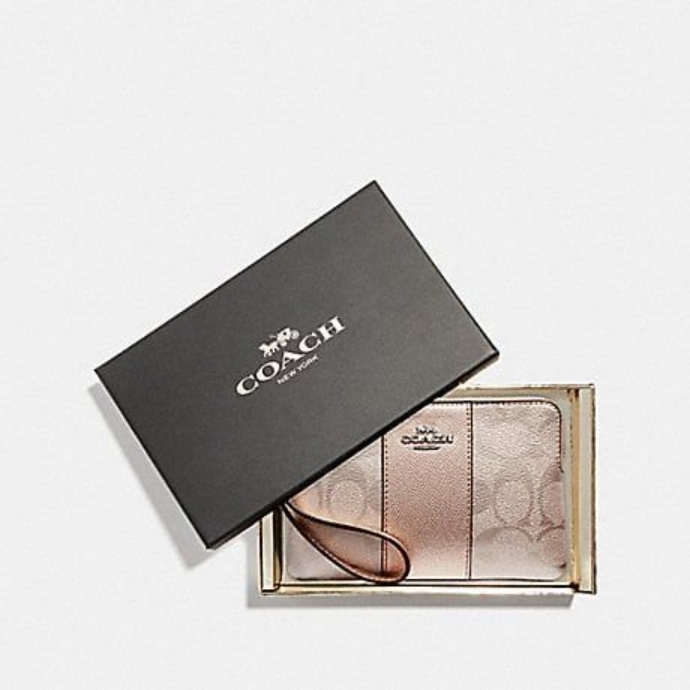 Coach Boxed Corner Zip Wristlet In Signature Canvas With Stripe NIB